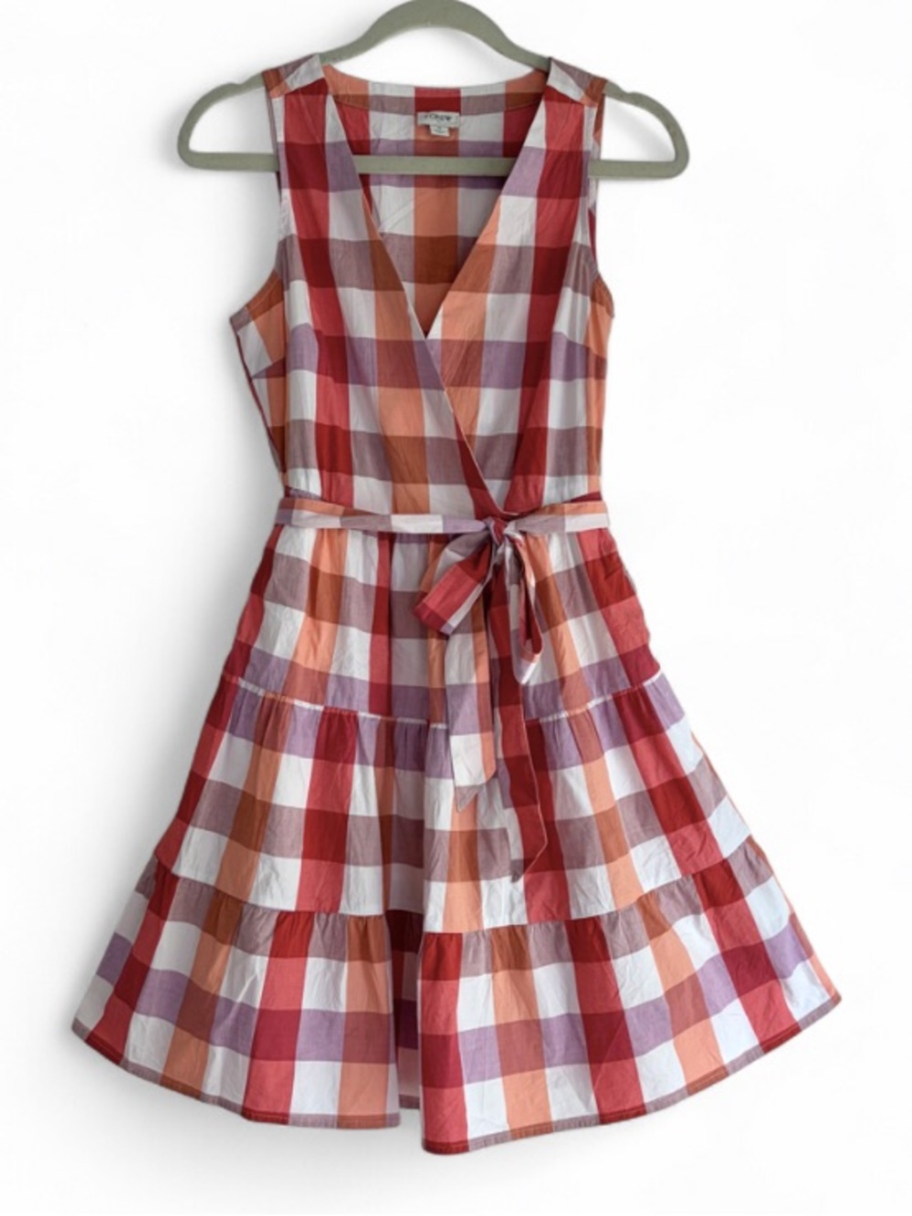J. Crew Plaid Cotton Sleeveless Wrap Front Tiered Ruffle Midi Dress Size 4
